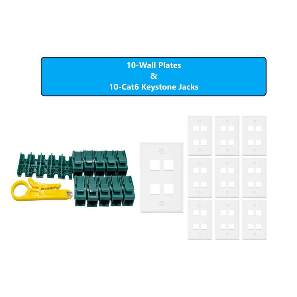 Micro Connectors, Inc 10-Pack 1-Gang White Keystone Plastic Wall Plates 4-Port and 10 Cat 6 RJ45 Keystone Jacks Green (2)