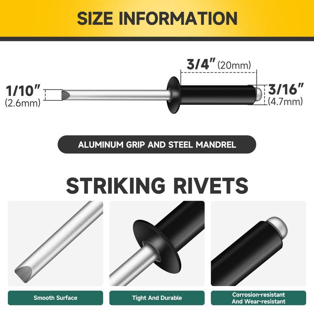MYWISH 3/16 in. x 3/4 in. Aluminum Blind Pop Rivets (180-Pack) with Steel Mandrel (2)