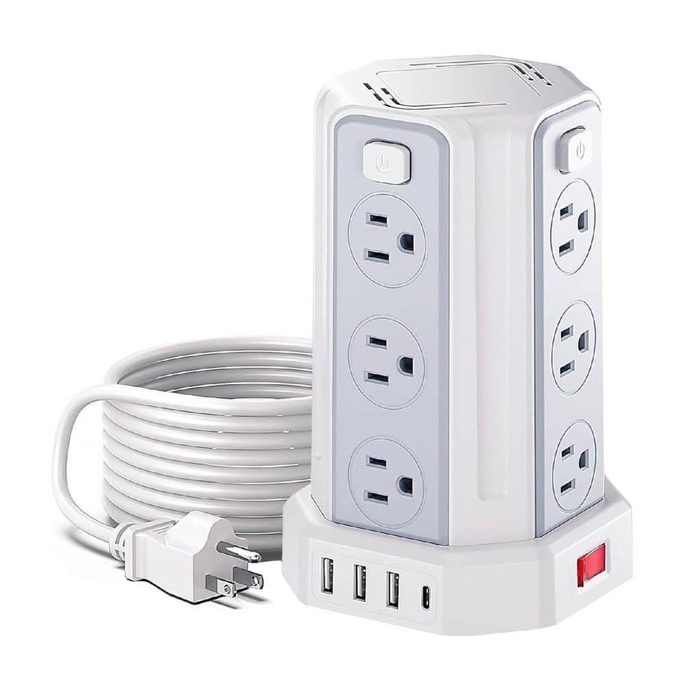 Lukyamzn 12-Outlet Power Strip Tower Surge Protector with 6.5 ft. Extension Cord, 4-USB Ports and 4-Switches for Home Use, White (1)