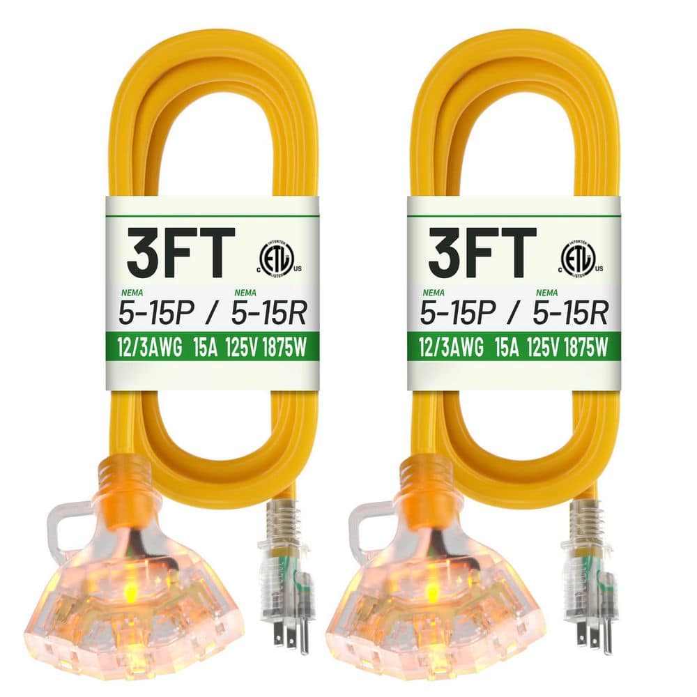 Unbranded 3 ft. 12/3 Gauge Extension Cord/3 Conductors Heavy Duty Outdoor Extension Cord with Tri-Tap Lighted End 2 Pack Yellow (1)