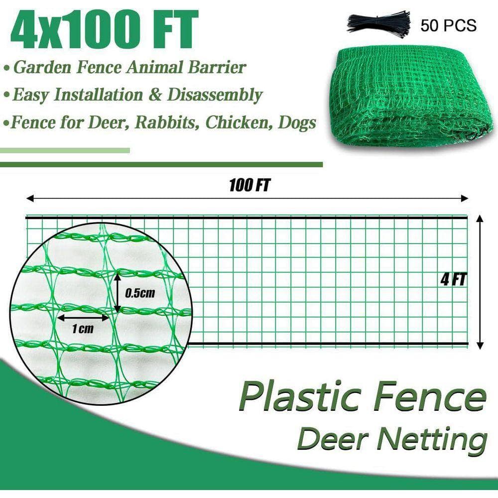 KIWDZFU 4 ft. x 100 ft. Plastic Safety Garden Fence with Zip Ties for Yard, Animal Barrier, Deer, Pet, Construction, Green (3)