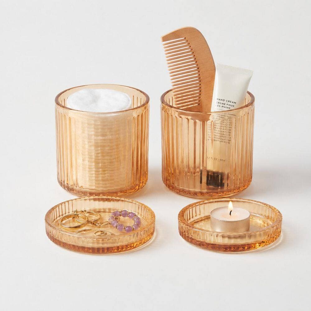 KHKFY Amber Glass Bathroom Cotton Swab Holder (Set of 2) with Vintage Sunburst Design and Flat Lids Qtip Decor (2)