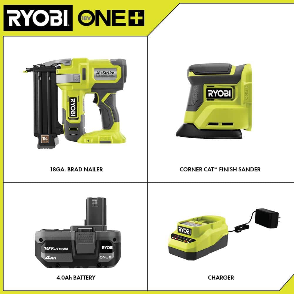 RYOBI ONE+ 18V 18-Gauge Cordless AirStrike Brad Nailer with Cordless Corner Cat Finish Sander, 4.0 Ah Battery, Charger (2)