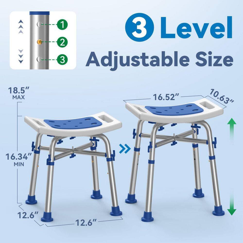 Wudkey Aluminum Shower Bench in Blue White with Padded Seat and Adjustable Height, Shower Stool with Cross Bar for Elderly (2)