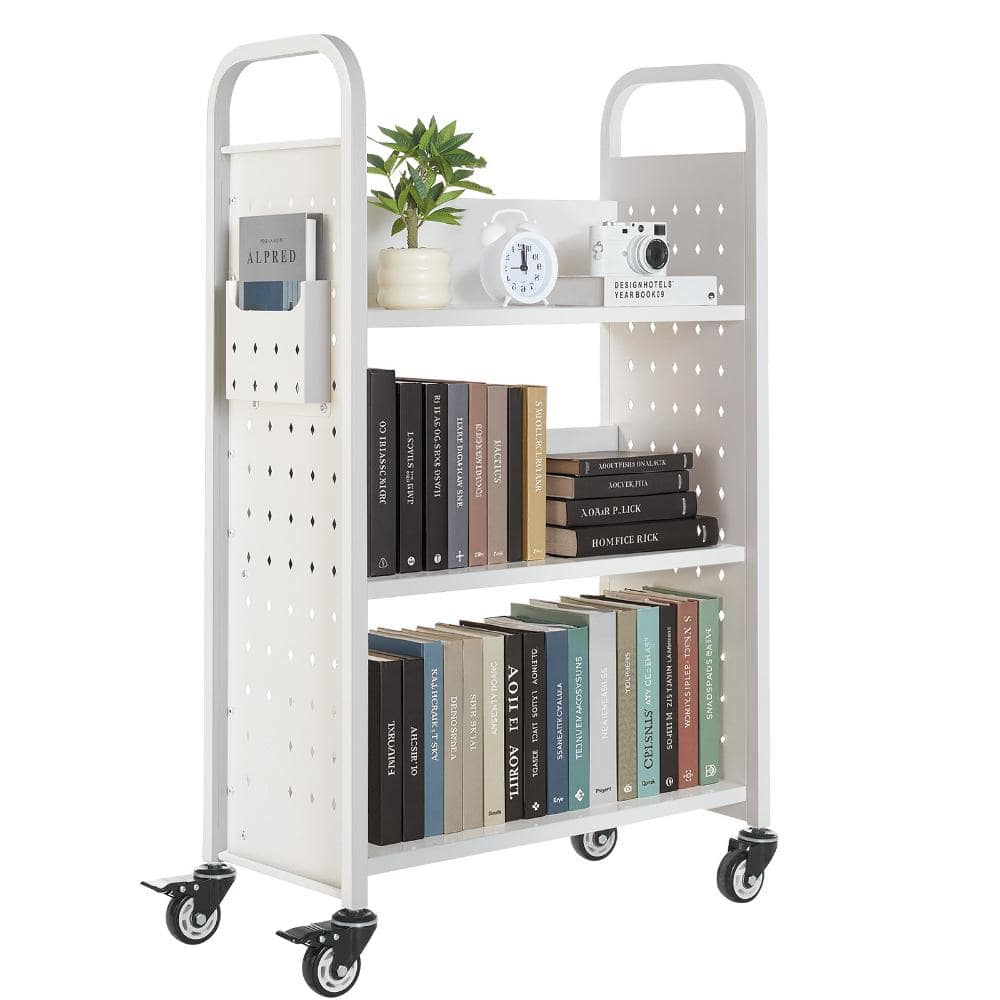 Volenca Rolling Library Book Cart, 330 Lbs Capacity, Single-Sided L Shelves, 3" Locking Wheels, 30.3x15x48 in (3)