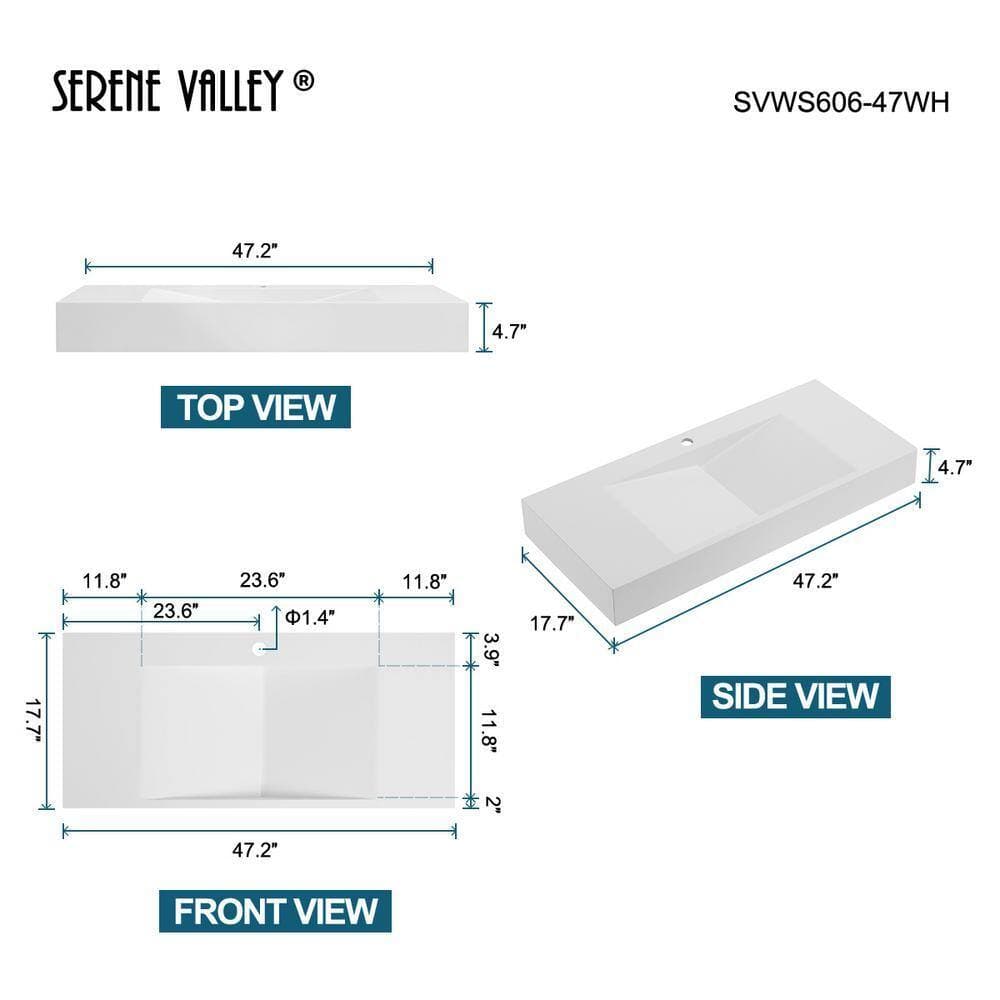 SERENE VALLEY 47 in. Wall-Mount or Countertop Bathroom Sink V-Shape Drain Solid Surface Material in Matte White (3)