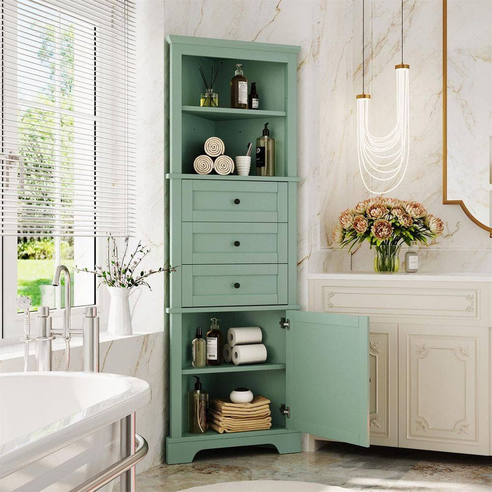 Boyel Living 13.4 in. W x 23 in. D x 68.9 in. H Green MDF Linen Cabinet with Adjustable Shelf 3-Drawers, 1-Doors (2)