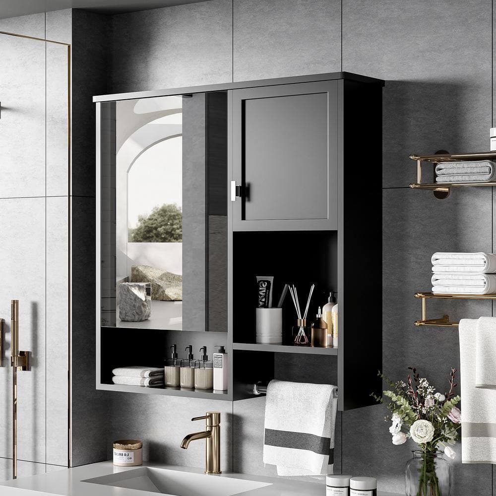 COWLOWN 29.52 in. W x 7.12 in. D x 28.74 in. H Bathroom Storage Wall Cabinet in Black with Mirror, Over the Toilet Cabinet (3)
