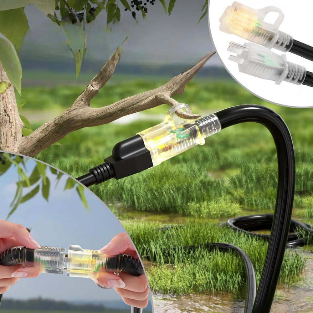 Unbranded 25 ft. 1875W 14/3 SJTW-Gauge 15A 1875W Outdoor Indoor Extension Cord Black Waterproof Flexible Lighted End Tri-tap (3)