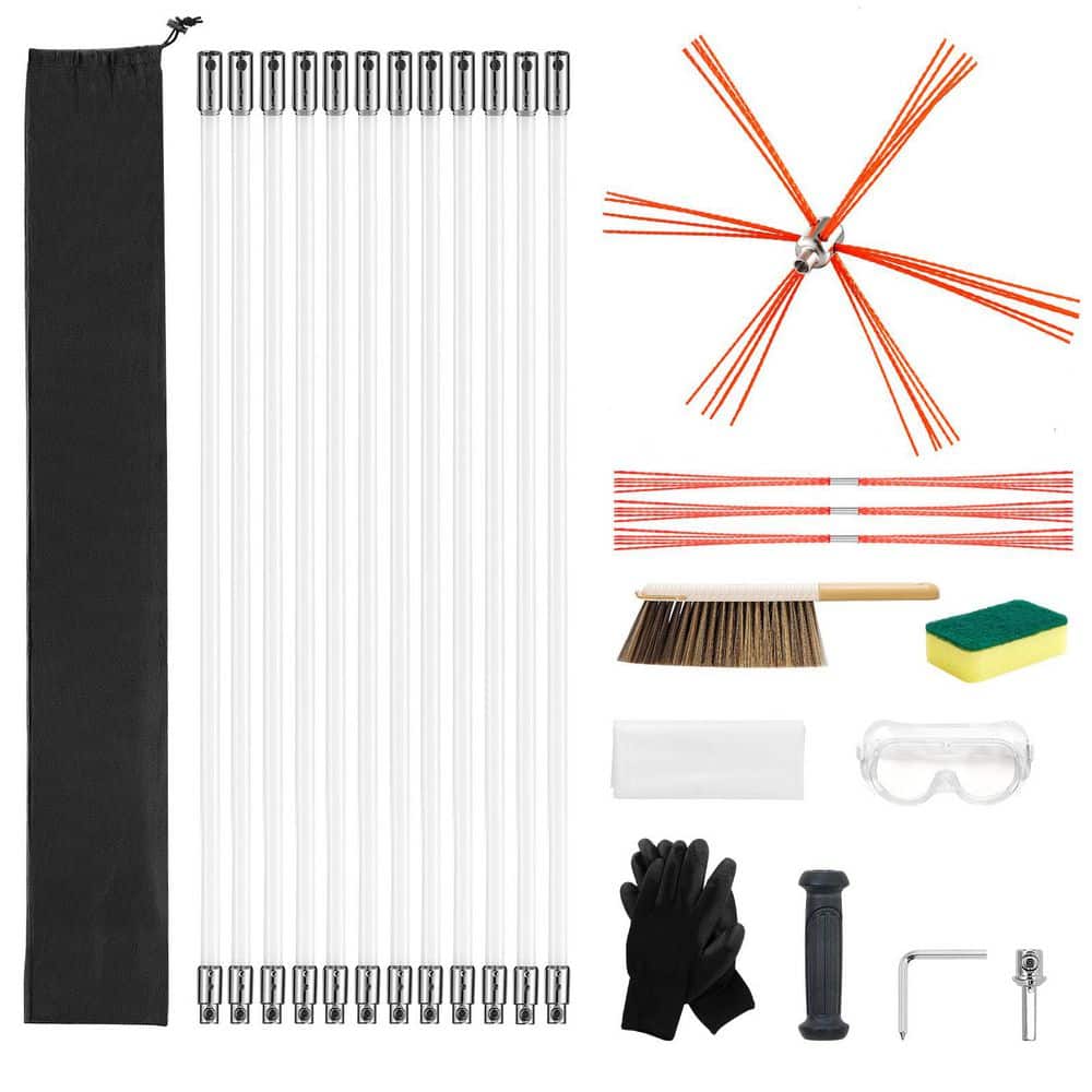 SKYSHALO Chimney Sweep Kit, 14-Piece 90° Cleaning Tool, 39 ft. Maximum Length, Cleaning Kit with Bristle Replacements & Goggles (1)