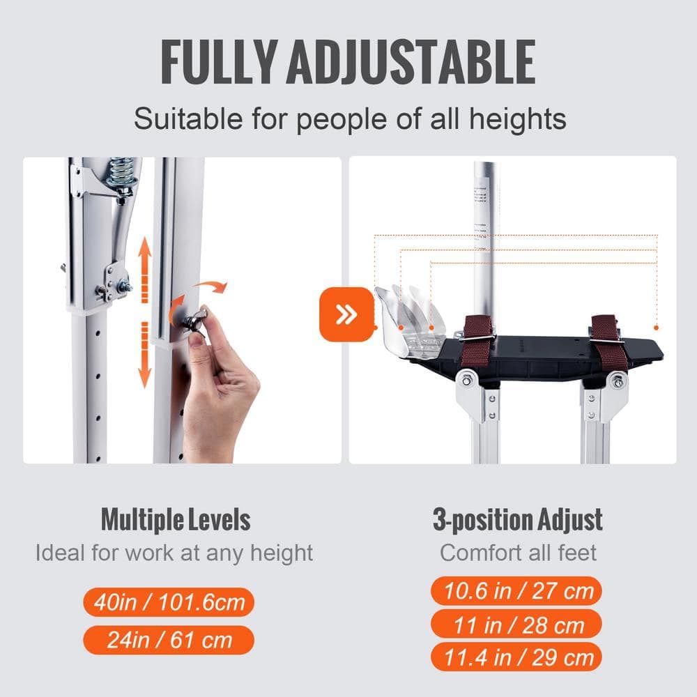 VEVOR Drywall Stilts 24 to 40 in. Adjustable Aluminum Tool Stilts with Protective Knee Pads, Durable and Non-slip Work Stilts (3)