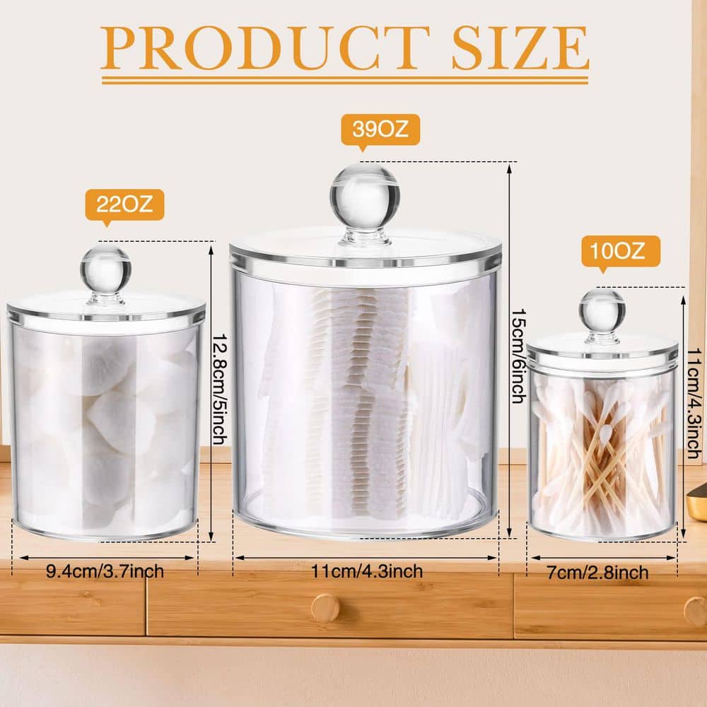 KHKFY Bathroom Storage Jars Set in Acrylic with Lids, 3 Sizes (39 oz. 22 oz. 10 oz.), 9-Piece Clear Containers (3)