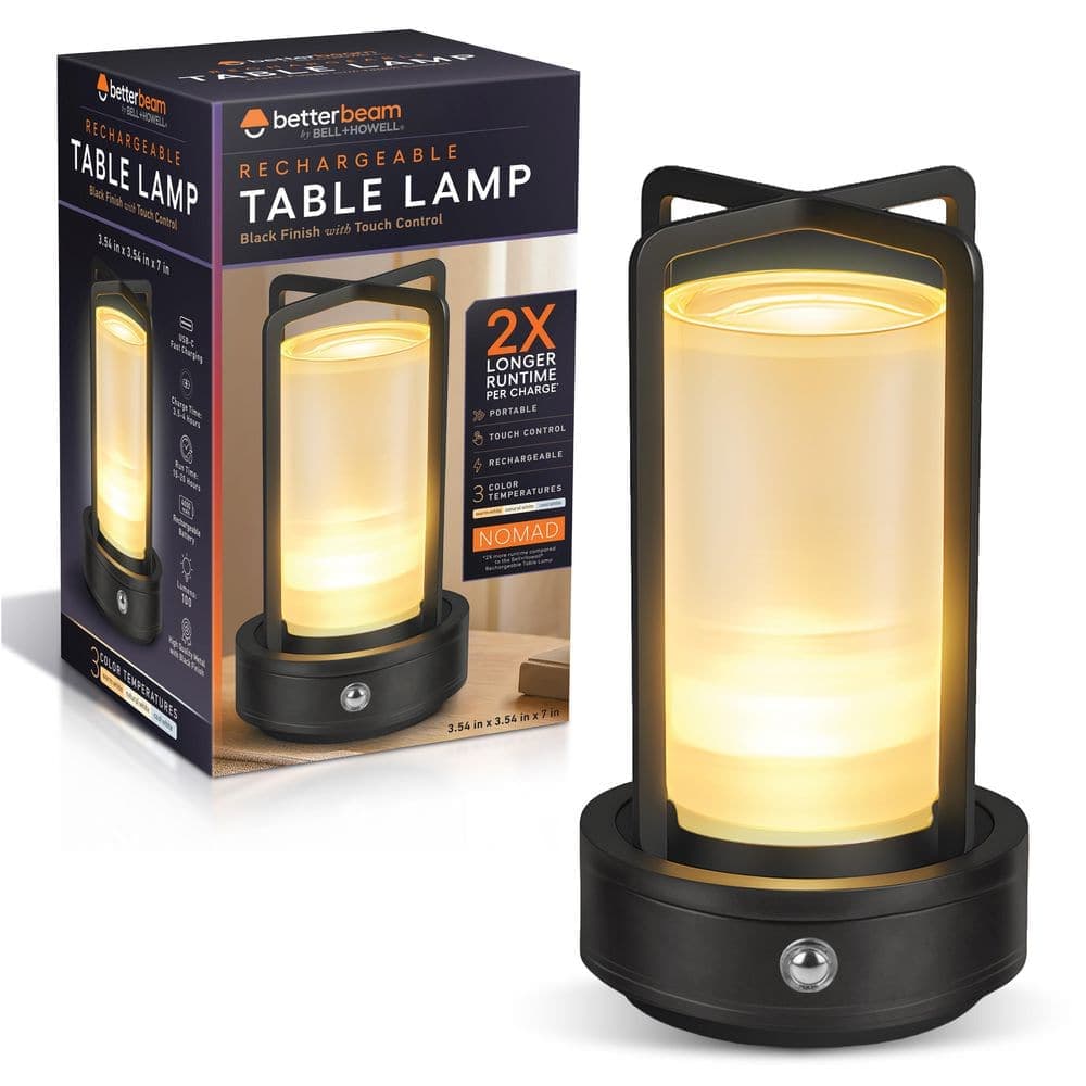 BETTERBEAM Nomad 6.8 in. Black Contemporary Rechargeable LED Table Lamp with Metal Frame (4)