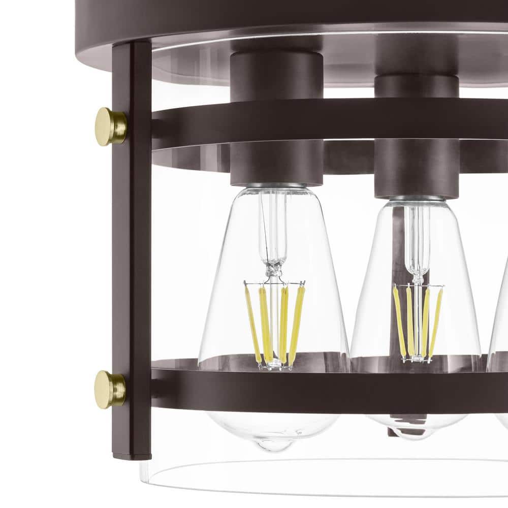 Hampton Bay Huxley 11.9 in. 3-Light Dark Bronze Flush Mount Ceiling Light with Clear Glass Shade (4)