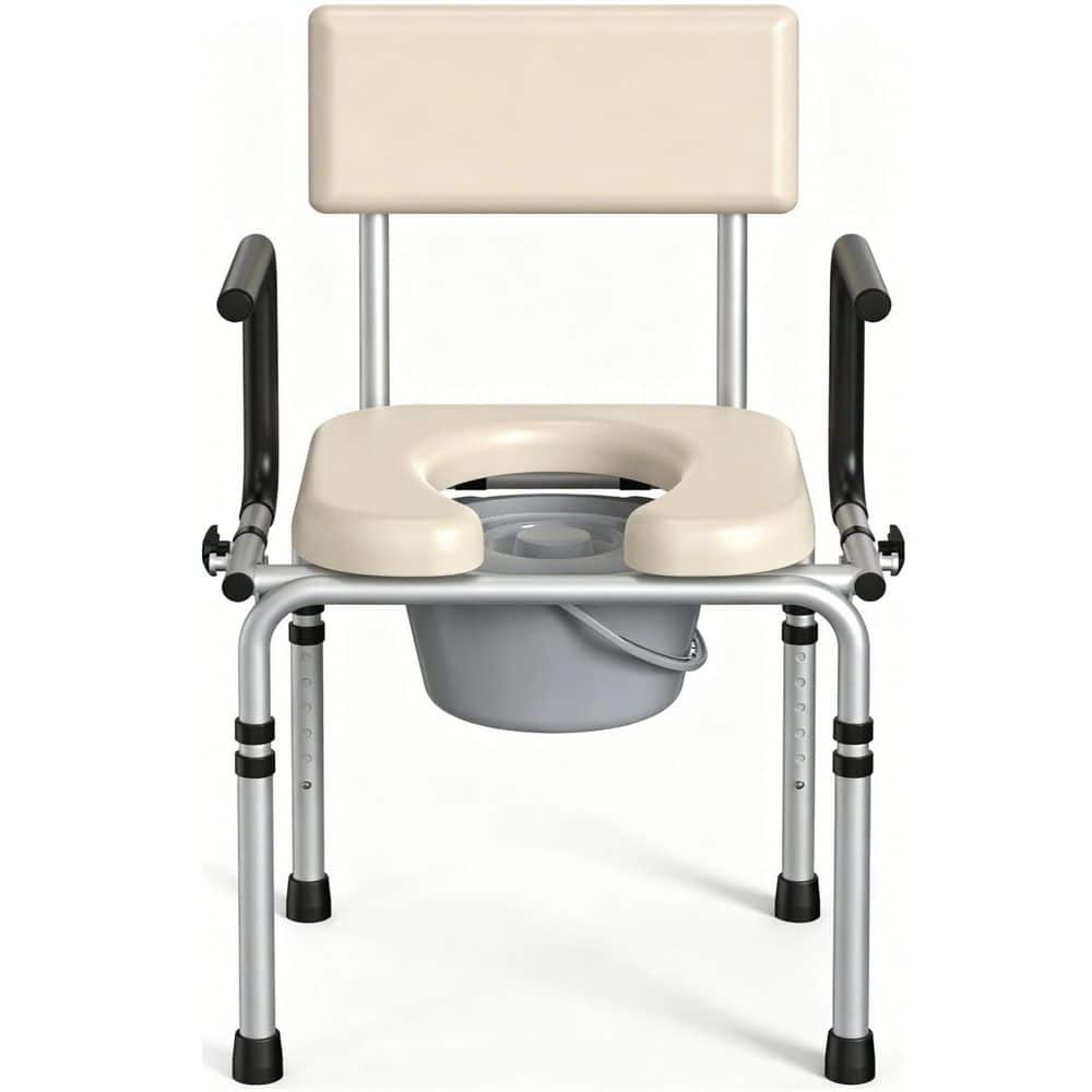 Numhew Commode Toilet with Padded Seat and Backrest, Removable Bucket and Splash Guard, Adjustable Height Toilet Seat, Beige (1)