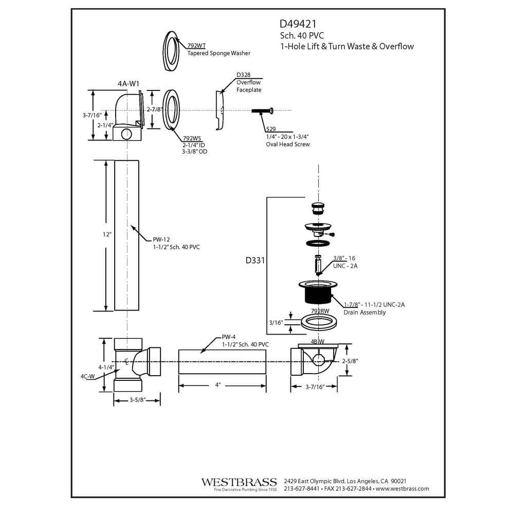 Westbrass 14 in. Sch 40 PVC Bath Waste and Overflow Assembly 1-Hole Faceplate Cover and Twist and Close Drain (3)