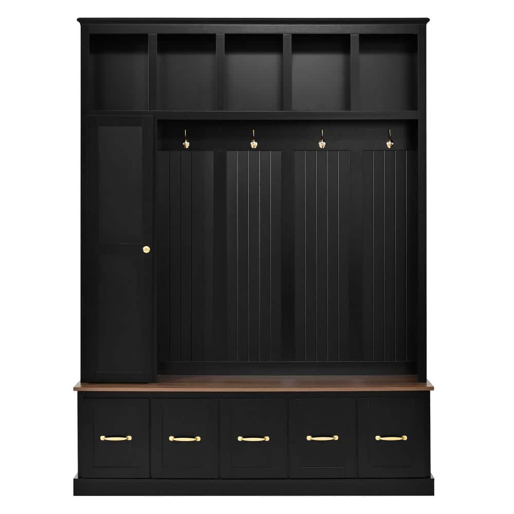 COWLOWN 59.2 in. W x 15.7 in. D x 78.7 in. H Black Linen Cabinet with Coat Hooks, Shoe Bench & Drawer (1)