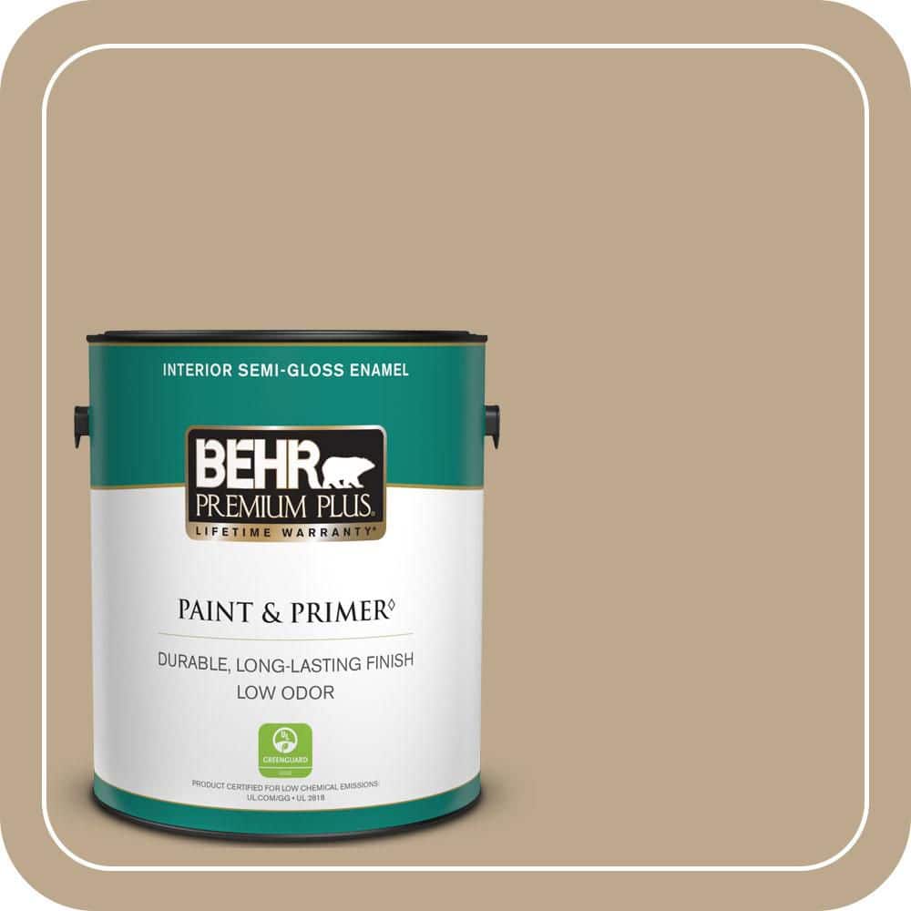 BEHR PREMIUM PLUS 1 gal. #MQ2-25 British Khaki Semi-Gloss Enamel Low Odor Interior Paint & Primer