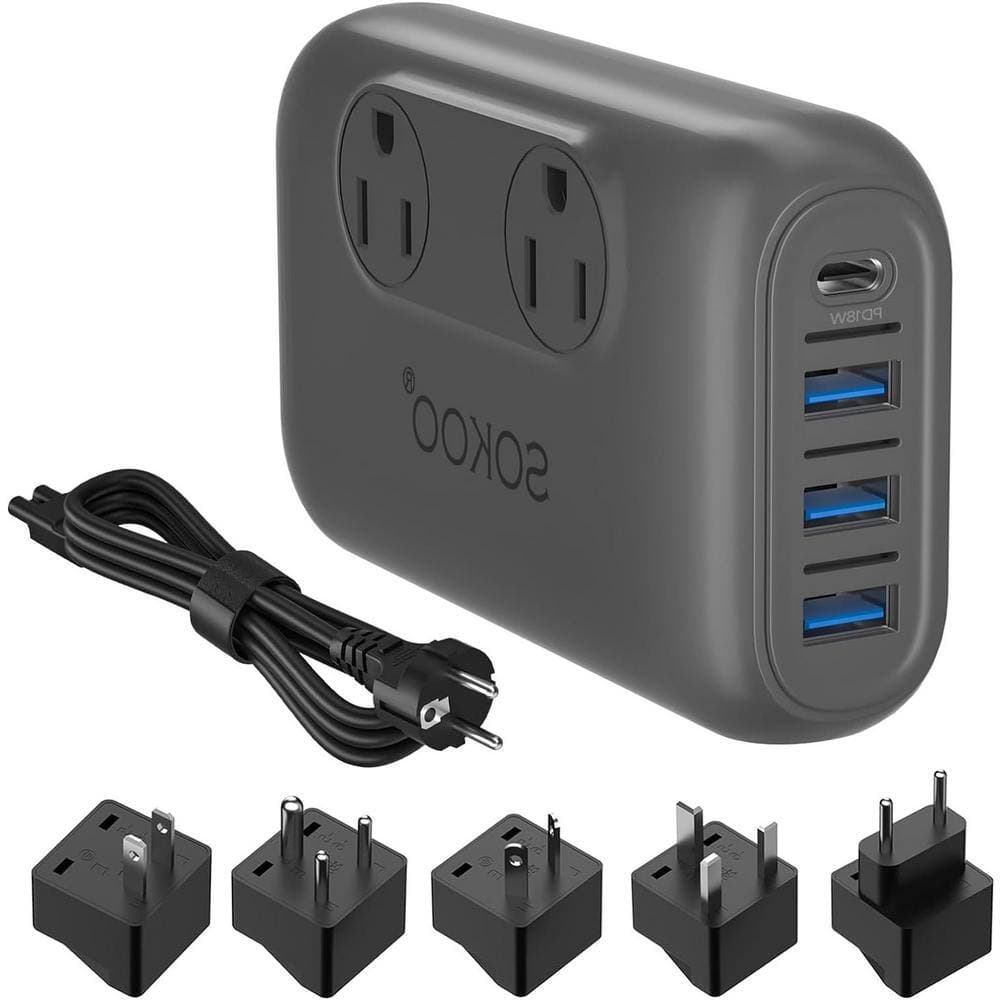 Ahfiwaso 2-Outlet Power Strip Surge Protector Voltage Converter Travel Adapter with 3 USB-A Ports, 1 USB-C Port & 5 Plugs, Black (3)