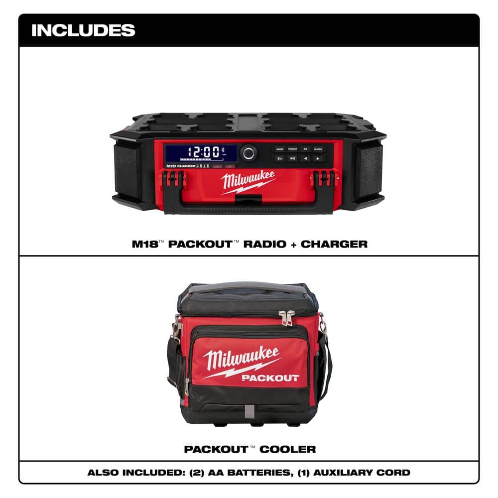 Milwaukee M18 Lithium-Ion Cordless PACKOUT Radio/Speaker with Built-In Charger w/15.75 in. PACKOUT Cooler Bag (2)