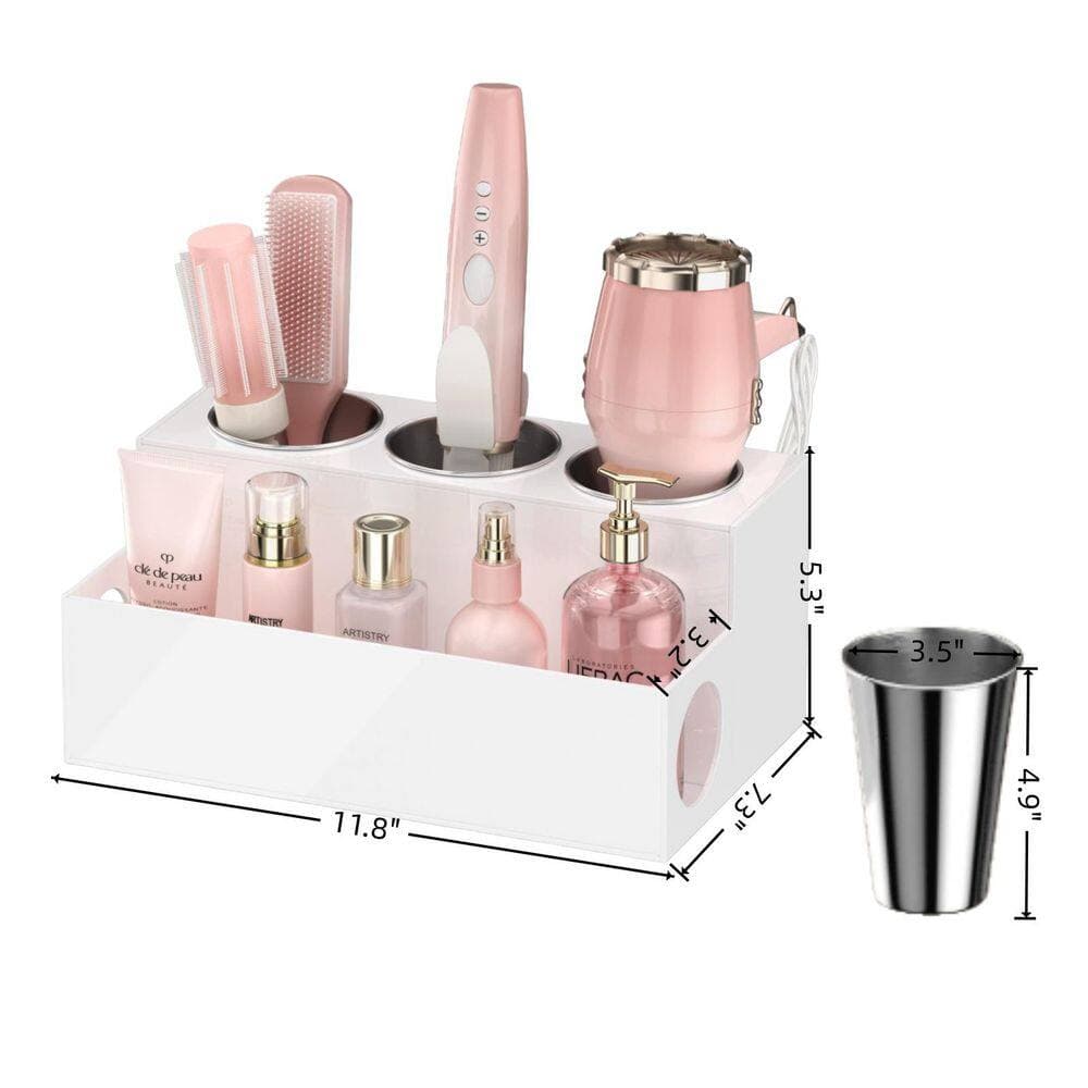 Numhew Countertop Hair Tool Organizer in White Acrylic,Hair Dryer Organizer for Bathroom Vanity and Makeup Toiletries Storage (2)