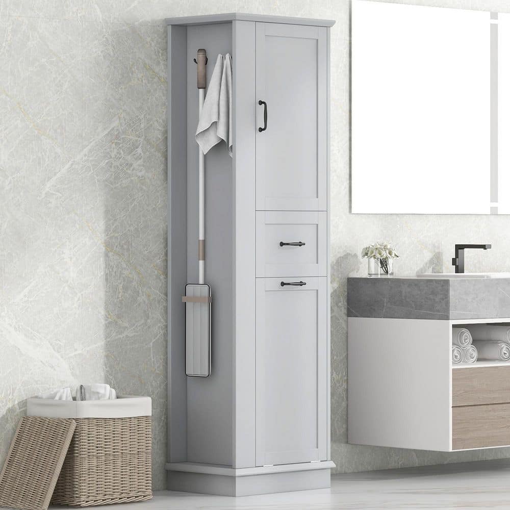 YSQCAR 20.3 in. W x 13.8 in. D x 63.8 in. H Gray MDF Freestanding Linen Cabinet with Tilt-Out Compartment, Adjustable Shelves (2)