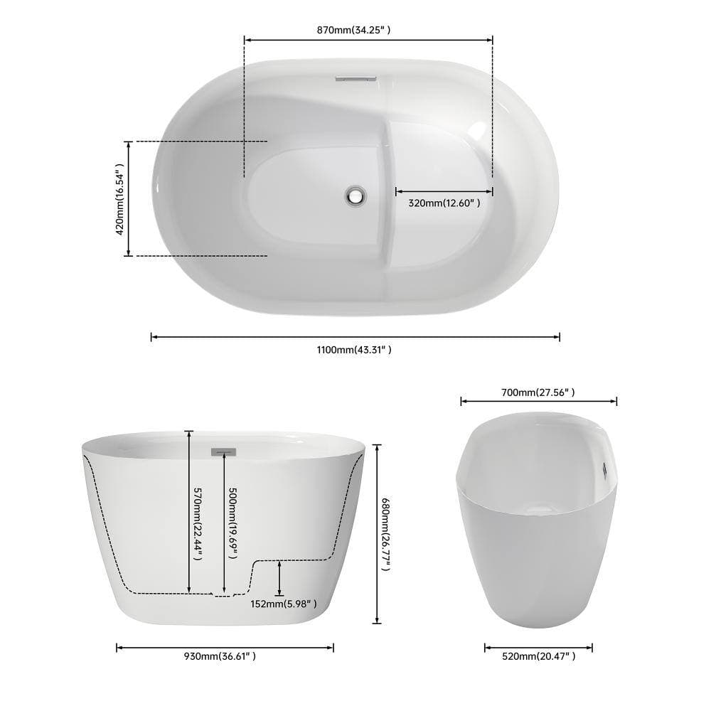 Cuschoice 43 Inch Acrylic Freestanding Bathtub,White,Built In Seat,PMMA Acrylic,High Gloss, Ergonomic Design,Drain Not Included (3)