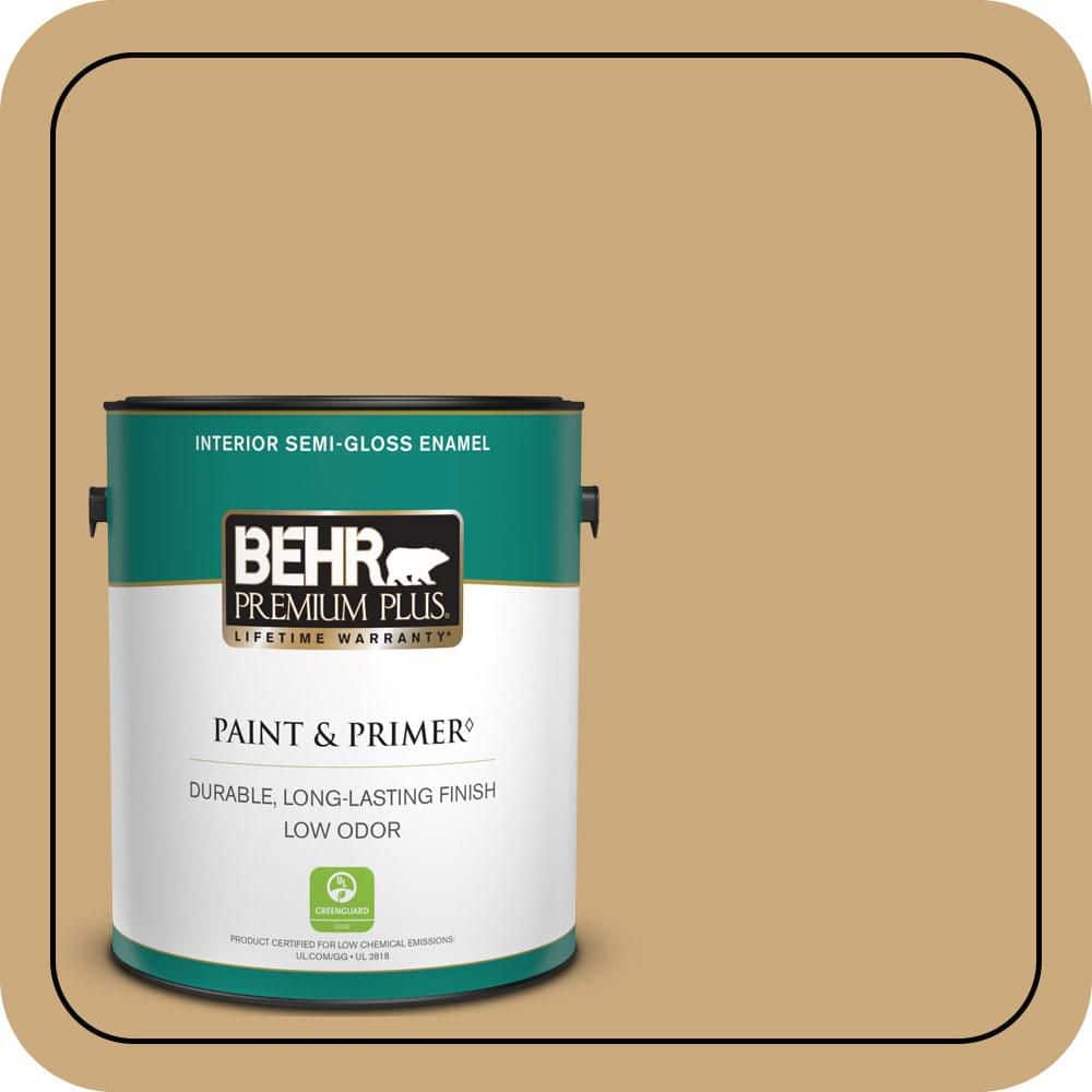 BEHR PREMIUM PLUS 1 gal. #S300-4 Flax Straw Semi-Gloss Enamel Low Odor Interior Paint & Primer