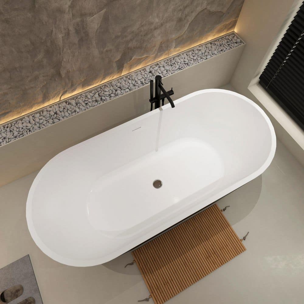 Unbranded 59 in. x 29.5 in. Matte Black Acrylic Freestanding Soaking Bathtub Stand Alone Tub in Chrome (2)