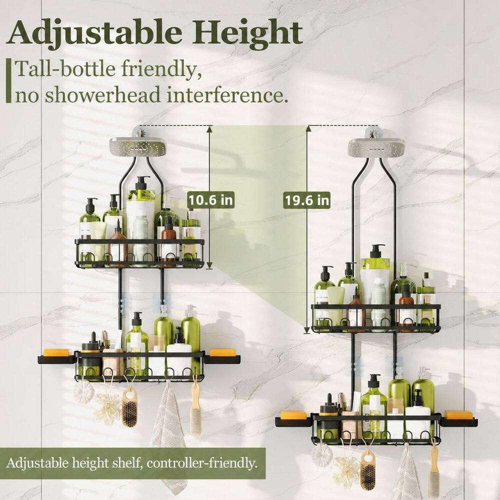 Anqtovp Hanging Over Shower Head Adjustable Rust-Resistant Stainless Steel Shower Caddy in Black with Baskets Hooks Soap Dish (3)