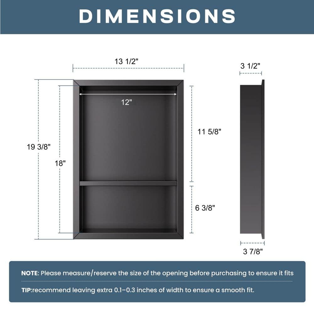 Yuaris 12 in. W x 18 in. H x 4 in. D Waterproof Recessed Shower Niche with Double Shelves in Matte Black, No Tile Needed (3)