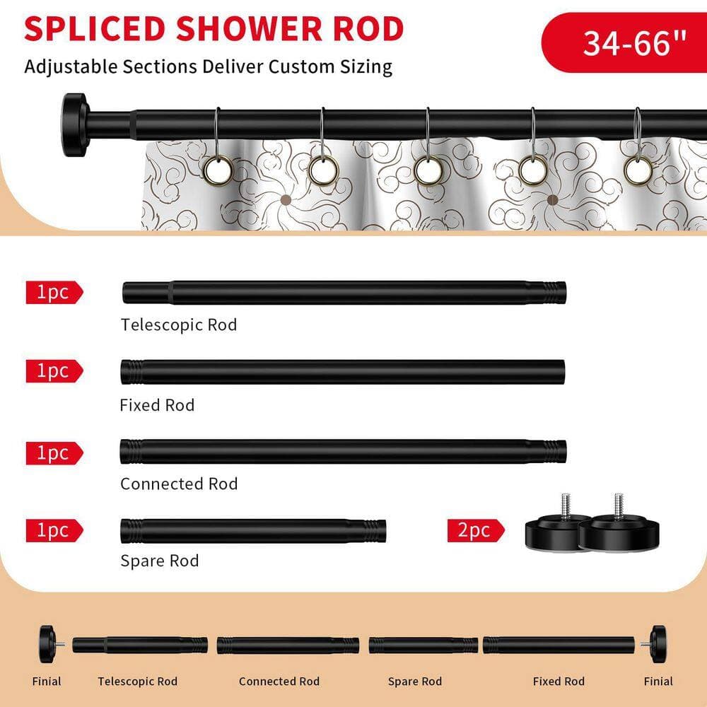 Numhew 34 in. to 66 in. 304 Stainless Steel No Drilling Non-Slip Spring Tension Adjustable Shower Curtain Rod in Matte Black (2)