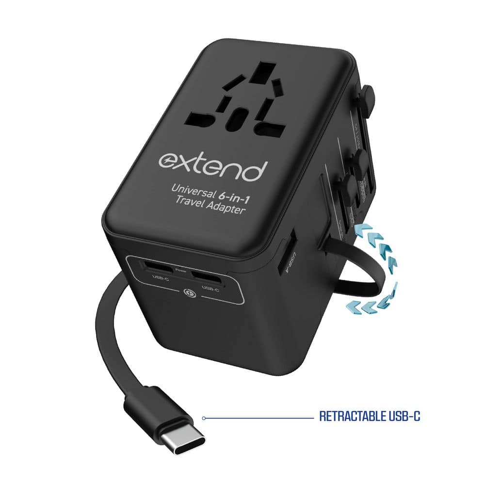Tzumi Extend, 2 ft., 4-Outlet Compatible, USB-A port, 2 USB-C Ports Universal Travel Adapter (3)