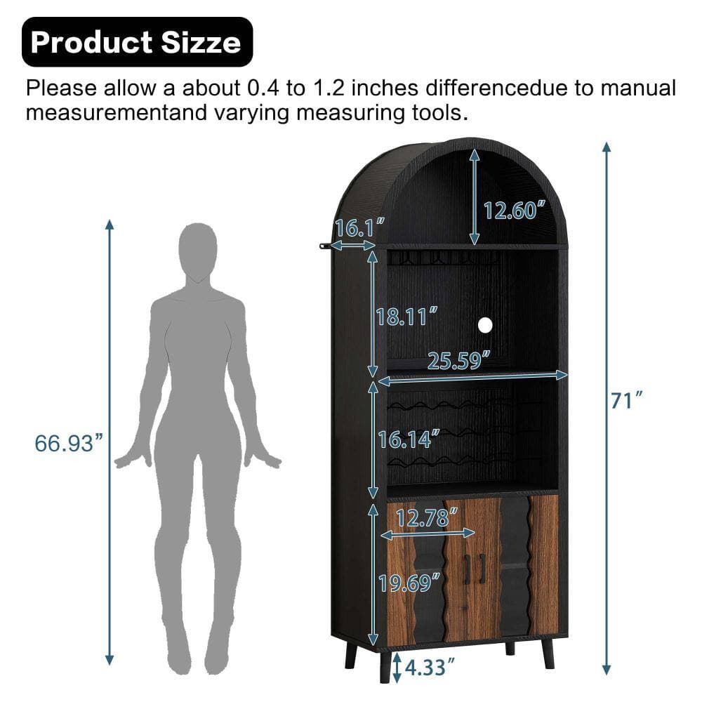 XUJMK 26 in W x 16 in D x 71 in H Linen Cabinet, Arched Bar Cabinet in Black, Arched Display Cabinet with Wine Glass Holder (2)