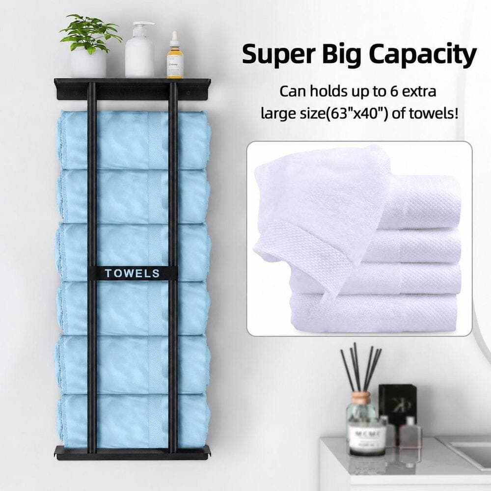 KHKFY 30 in. Wall Mounted Bathroom Towel Rack with Shelf, Holds 6 Large Rolled Towels, Space Saving Storage, Black (3)