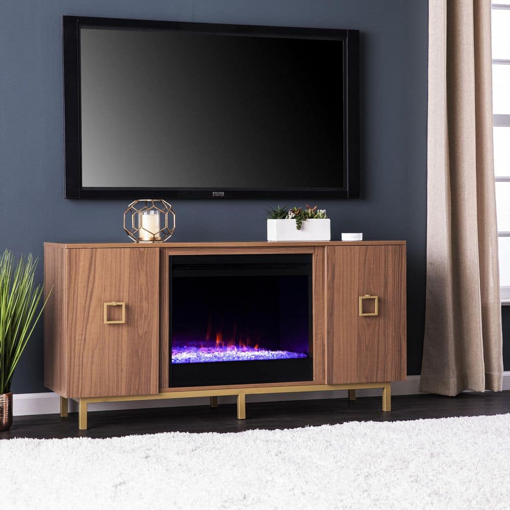 SEI FURNITURE Yorkville 54 in. Freestanding Wooden Electric Color Changing Fireplace TV Stand in Natural