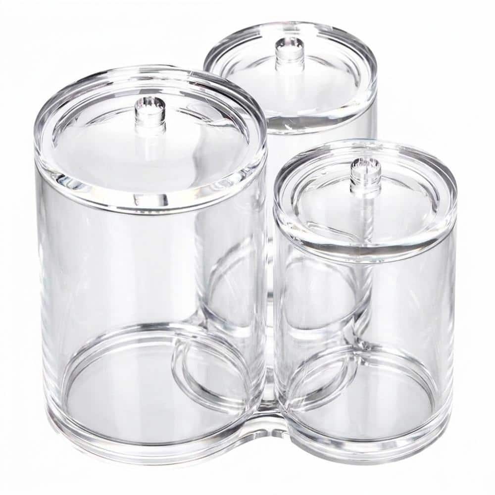 Unbranded Clear Acrylic Jar with Three Lidded Compartments for Cotton Swabs and Pads, 3.15 in dia, 4.33 in height (1)