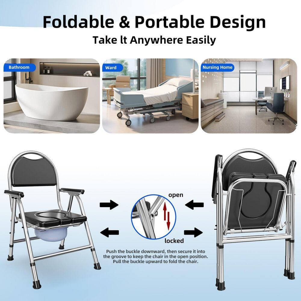 Wudkey 4 in 1 Folding Bedside Commode Chair for Elderly with Arms and Back, Adjustable Height Raised Toilet Seat with Handles (2)