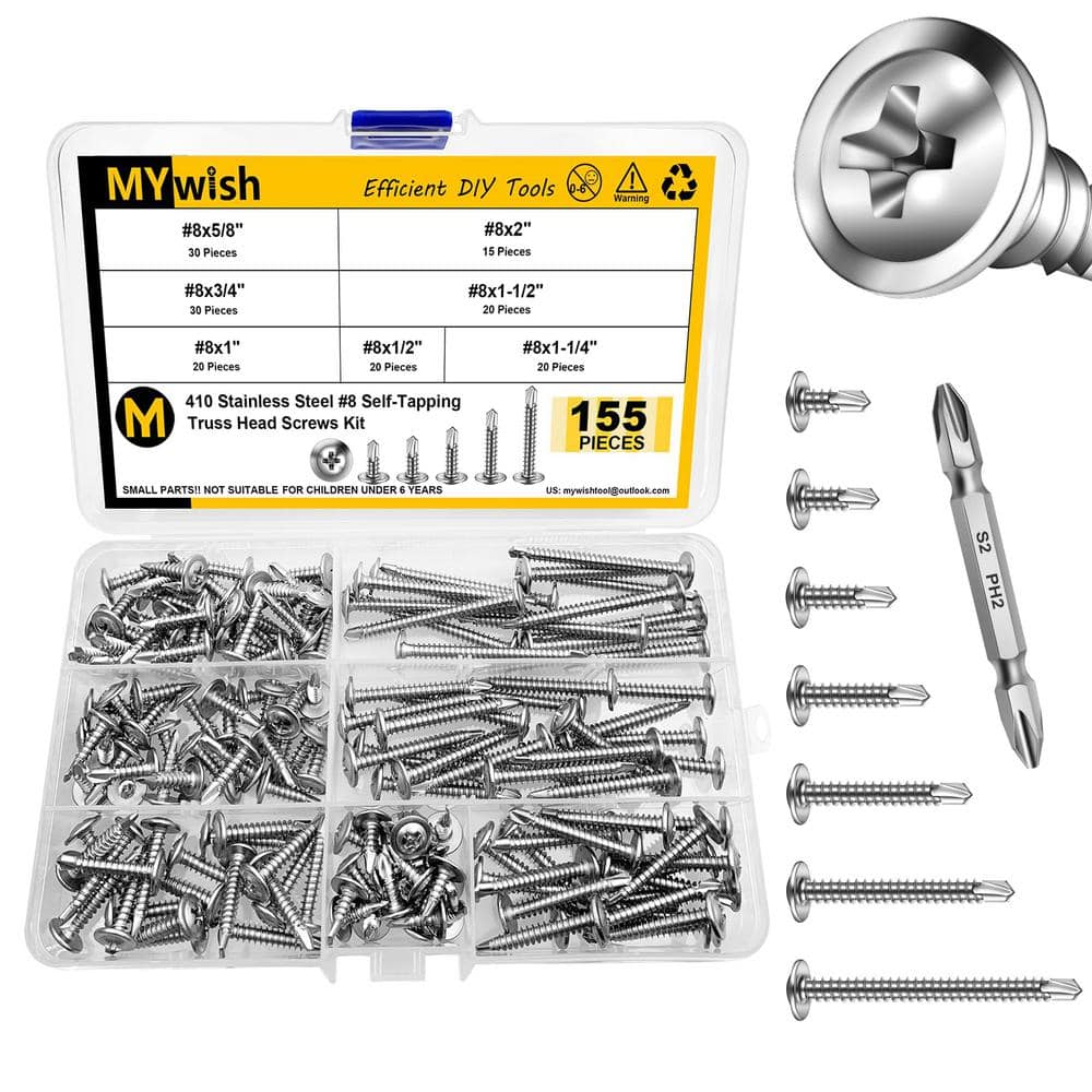 MYWISH #8 x 1/2 in. - 2 in. Self-Tapping Phillips Truss Head Screws, 410 Stainless Steel, 155-Piece Assortment Kit (3)