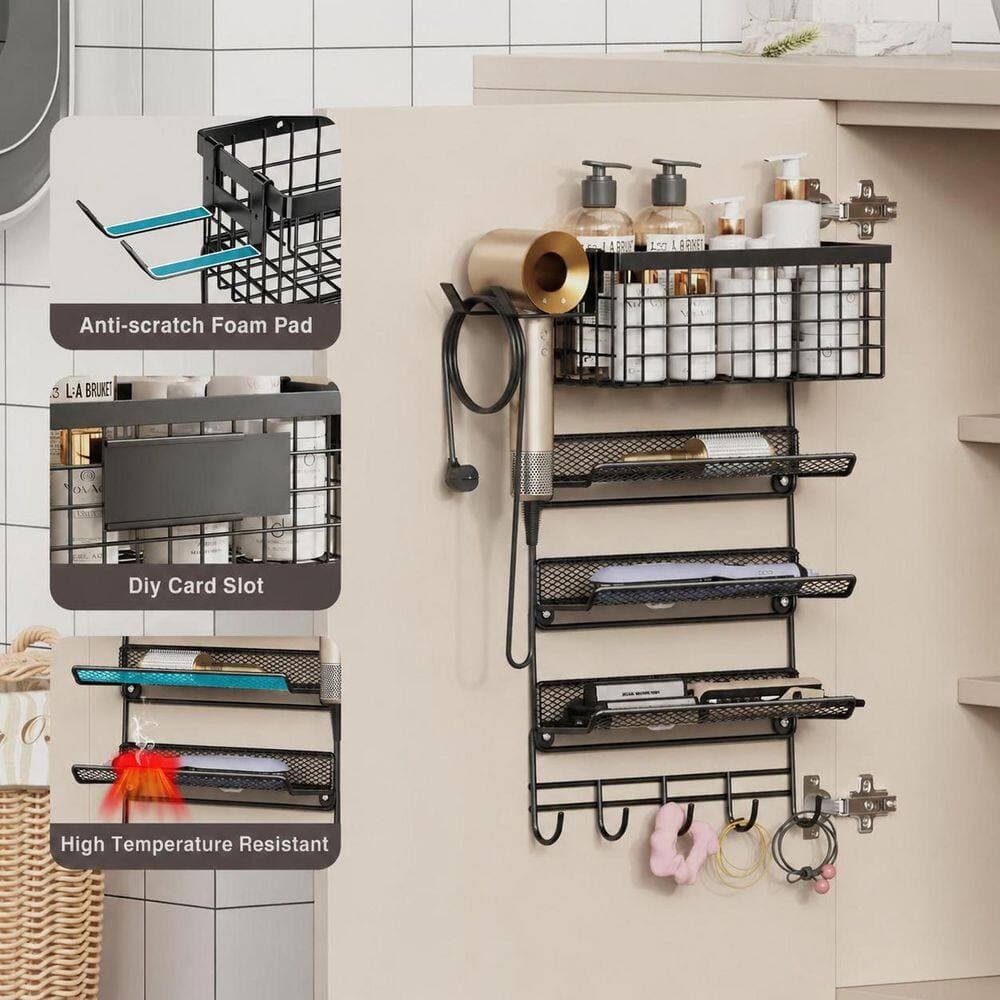 Anqtovp Wall Mount Hair Tool Organizer in Black with 5-in-1 Large Capacity Shelf Basket and Hooks for Bathroom (2)