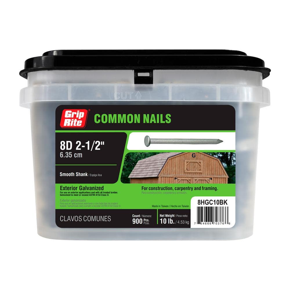 Grip-Rite 2-1/2 in. x 10-1/4-Gauge 8-penny Exterior Galvanized Smooth Shank Common Nails 10 lb. Box