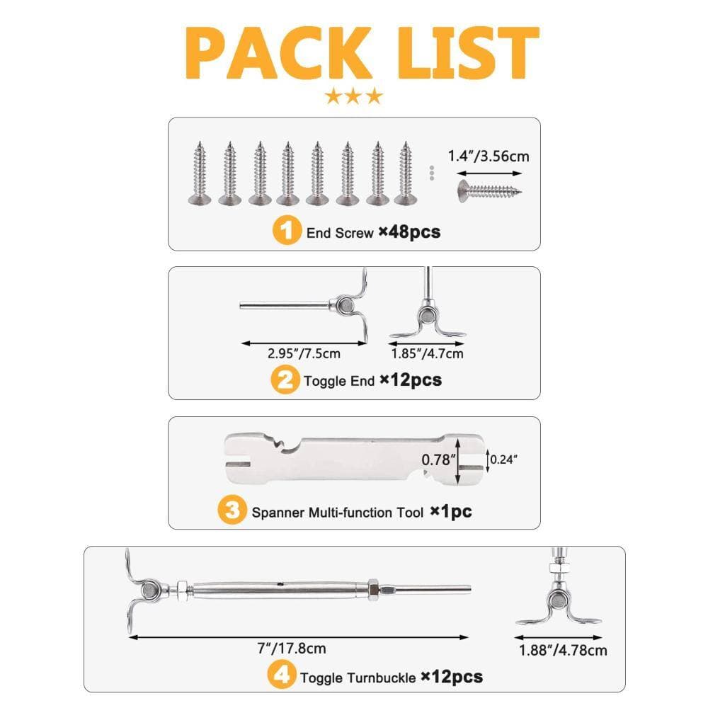 Unbranded 12 Pairs T316 Stainless Steel Cable Railing Kit for 3/16 in Cable with Swage Toggle Turnbuckle End Fittings (3)