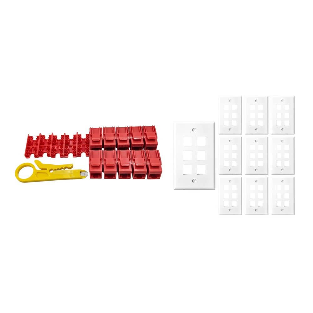 Micro Connectors, Inc 10-Pack 1-Gang White Keystone Plastic Wall Plates 6-Port and 10 Cat 6 RJ45 Keystone Jacks Red (1)