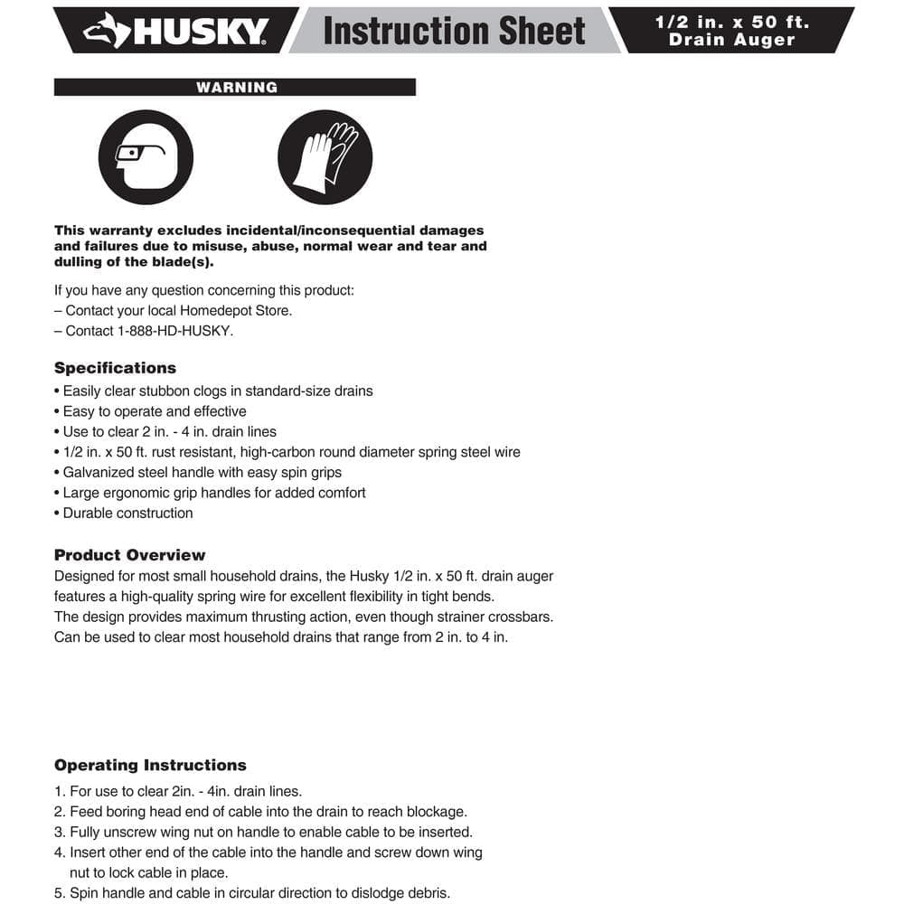 Husky 1/2 in. x 50 ft. Heavy‑Duty Manual Drain Auger for Clogged Sink, Shower and Floor Drains (3)