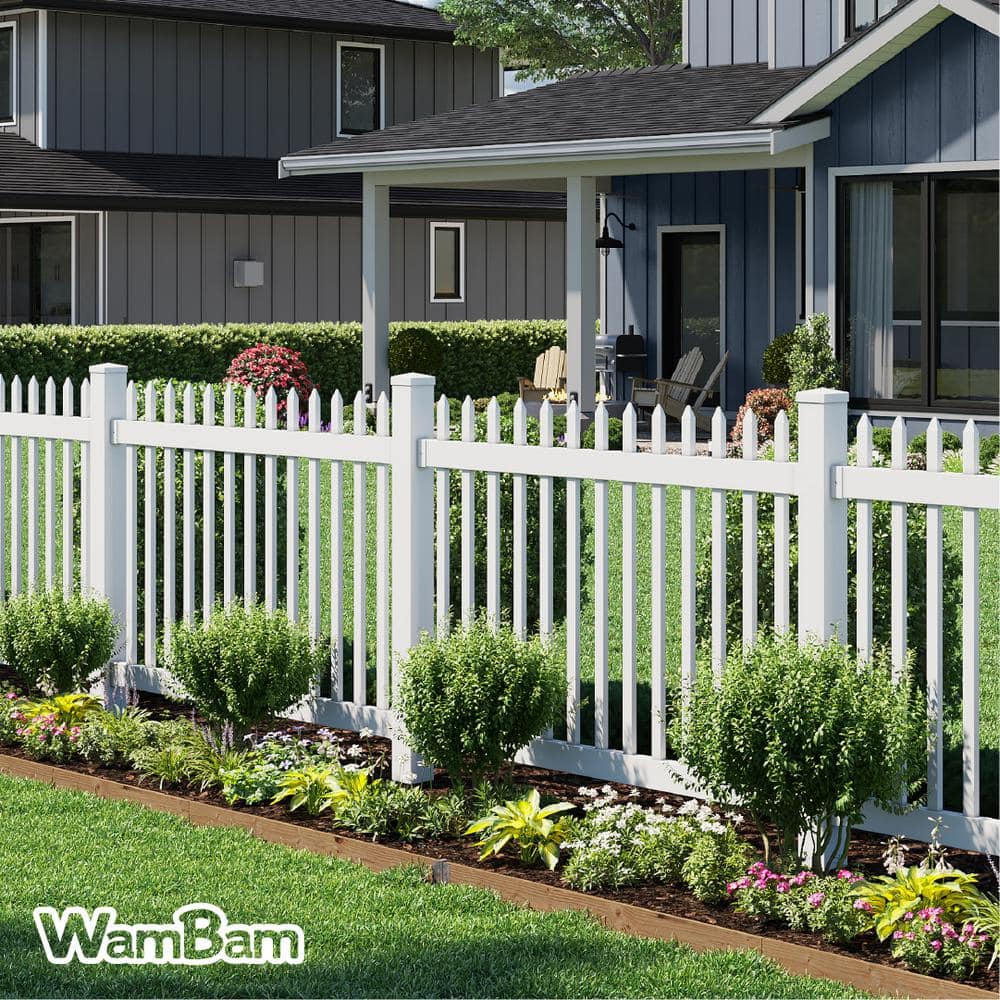 WamBam Fence 4 ft. H x 6 ft. W No Dig Nantucket Flat Top Pointed Spaced Picket White Vinyl Fence Panel with Post and Anchor (2)