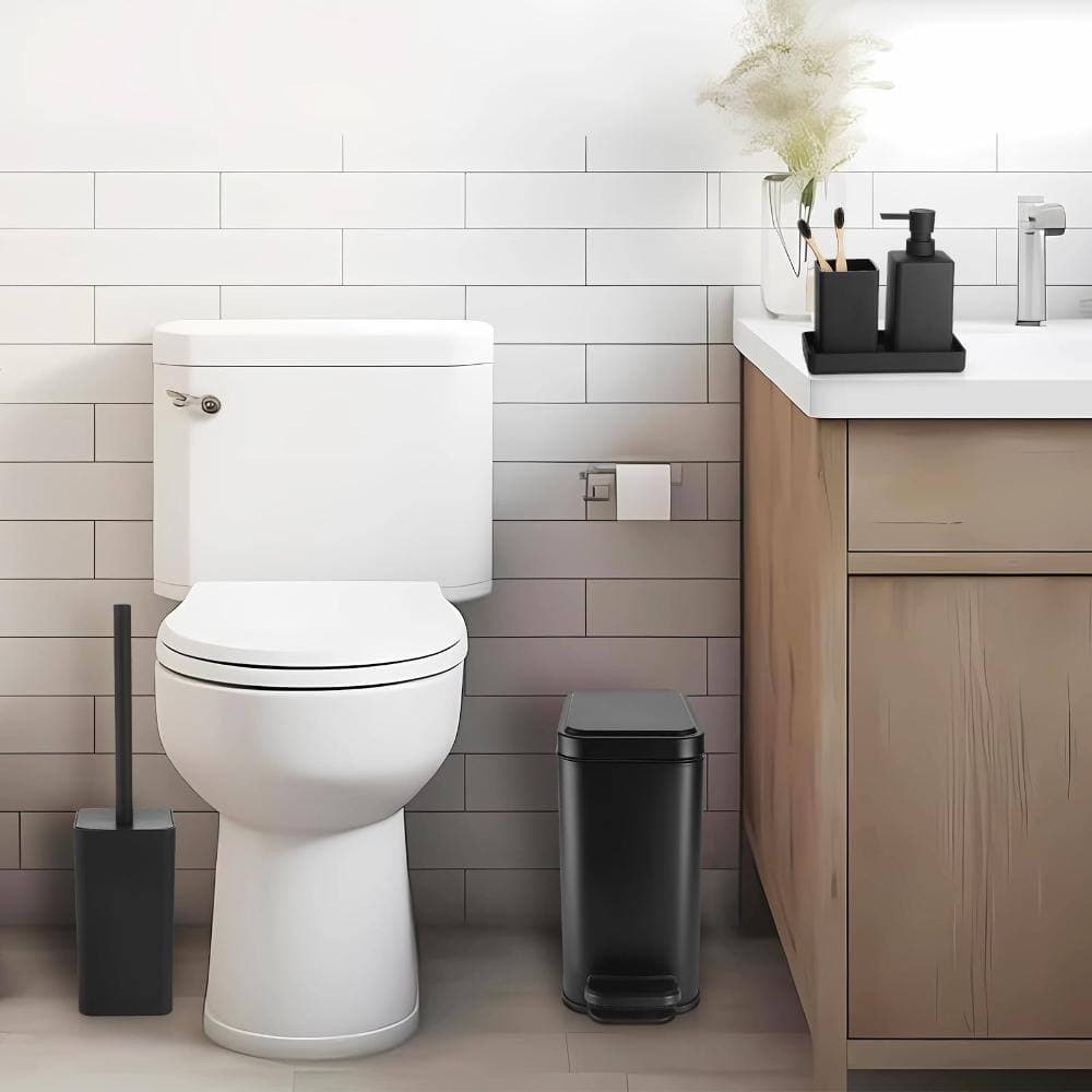 Unbranded Matte Black 5 Piece Bathroom Countertop Accessory Set with 5 L Soft Close Trash Can and Tray Toilet Brush (2)