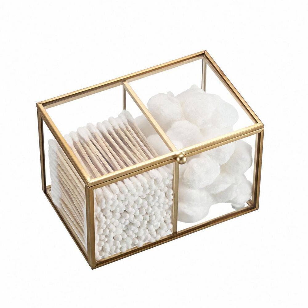 KHKFY 2-Slot Gold Frame Glass Cotton Swab Holder with Flip Lid and Chain Bathroom Vanity Organizer Container (2)