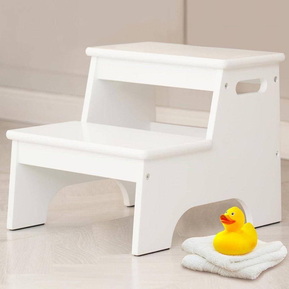KIWDZFU 1 ft. Reach Wood Toddler Step Stool Bathroom Sink Toilet Potty Training Small Child 2-Stepping Stool with Handle (2)