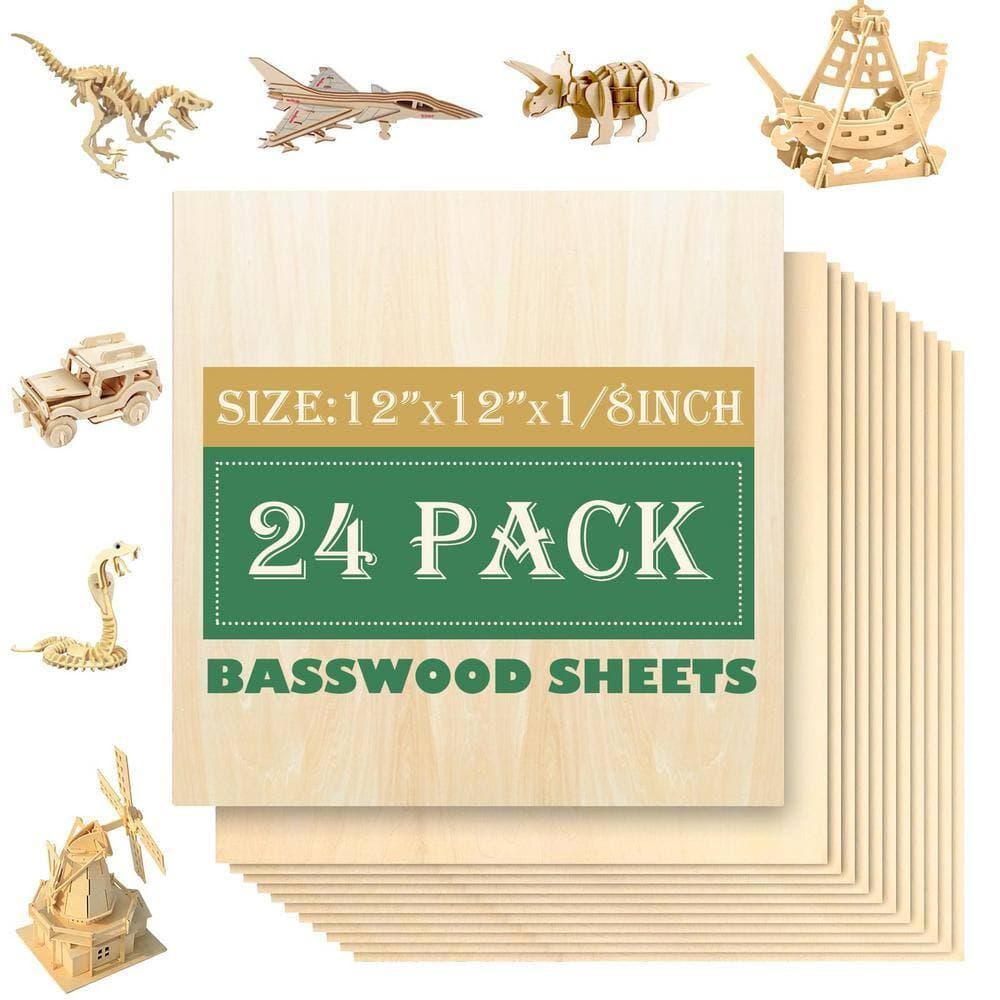 Angel Sar 24-Pack 0.125 in. x 1 ft. x 1 ft. Basswood Project Panel for DIY Ornaments Models Drawing Painting Engraving Laser Cut (3)