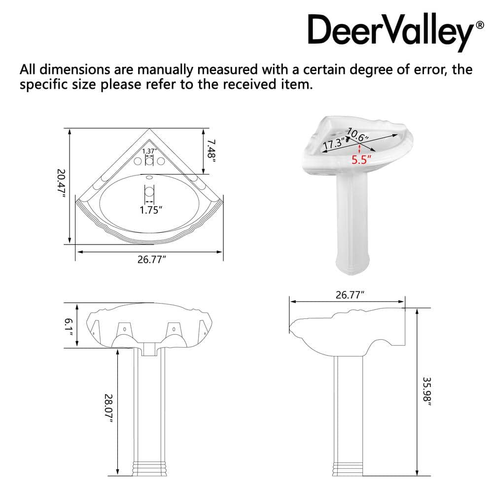 DEERVALLEY 26.8 in. x 20.5 in. Corner Pedestal Bathroom Sink In White Vitreous China with 4 in. Centerset Faucet Holes (3)